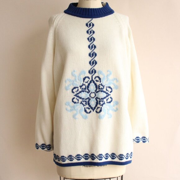 Vintage 1970s Sweater, The Campus Shop Nordic Style Blue and White Jumper - Picture 2 of 10